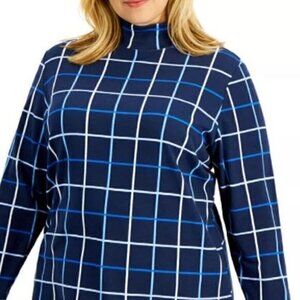 Karen Scott Plus Size Mary Jane Mock-Neck Windowpane-Print Top Size 1X